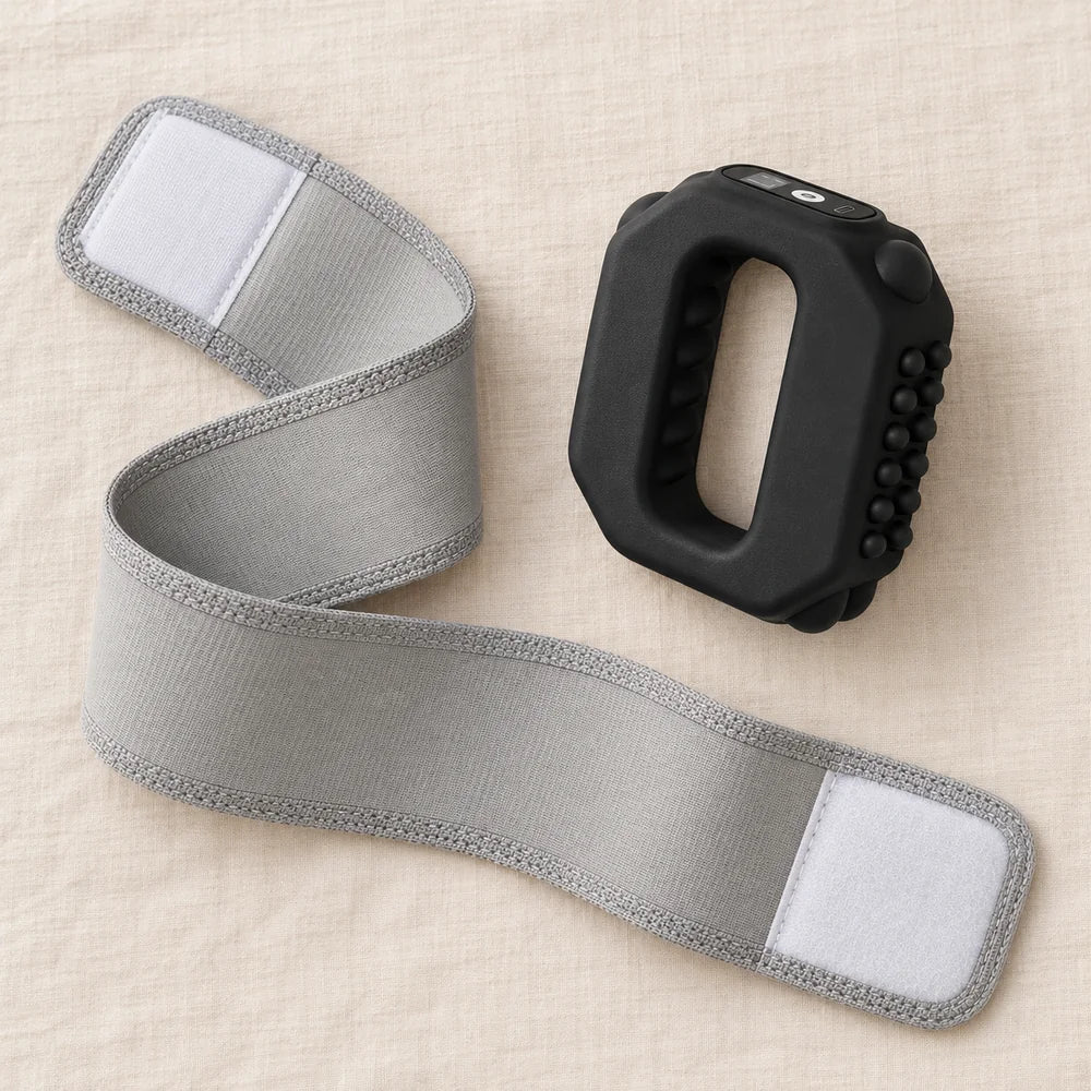 The Restora pod and gray strap laid flat on linen